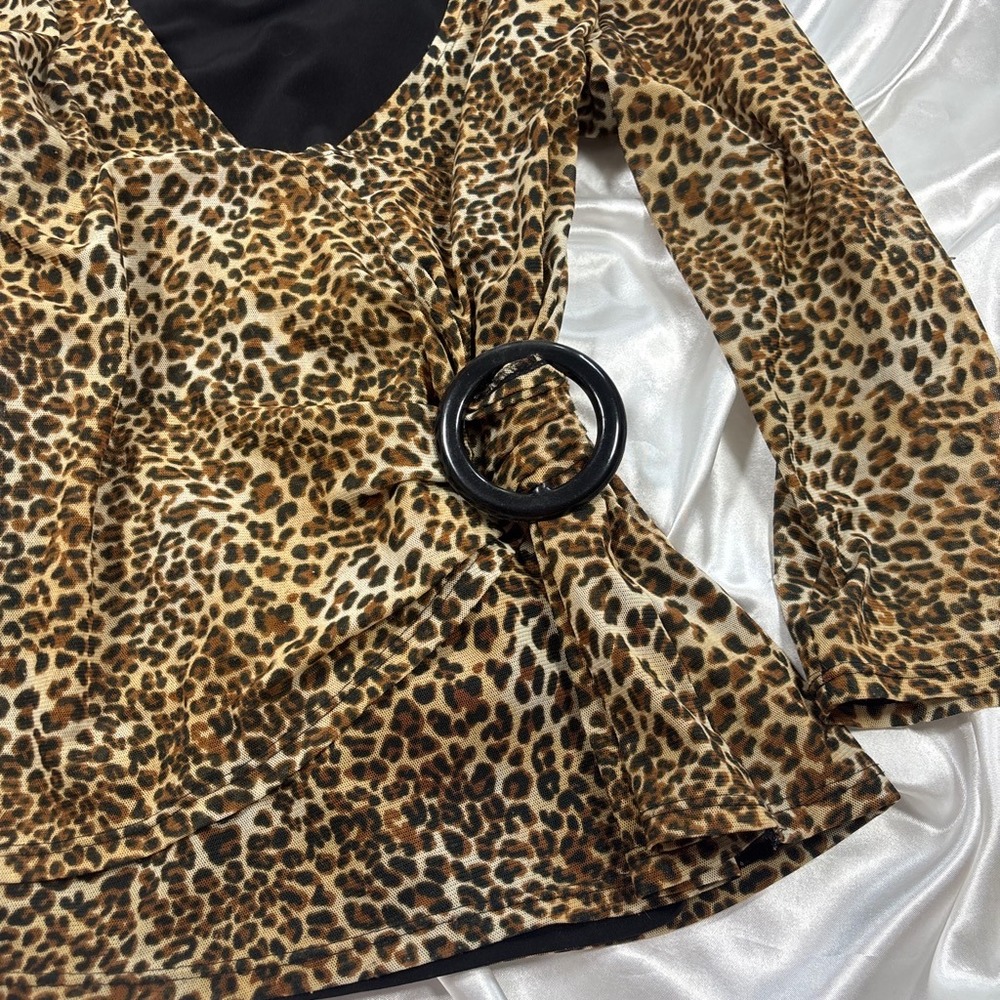 y2k Notations Leopard Print Top Brown Excellent Faux Wrap Ring Detail Blouse - Picture 2 of 6